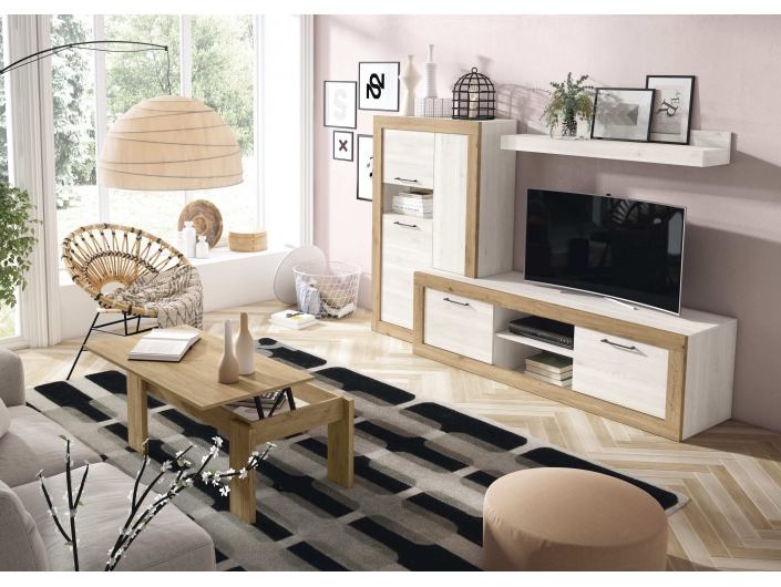 Composición salón bajo tv, modulo y mesa centro. Color blanco nordic /naturale  merkamueble