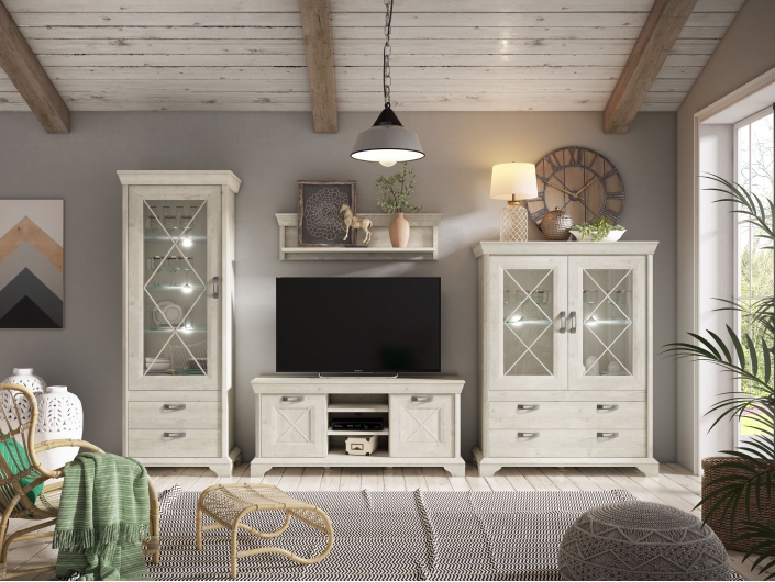 Composición salón módulo tv, vitrina y vitrina alta. Color blanco pino.  merkamueble