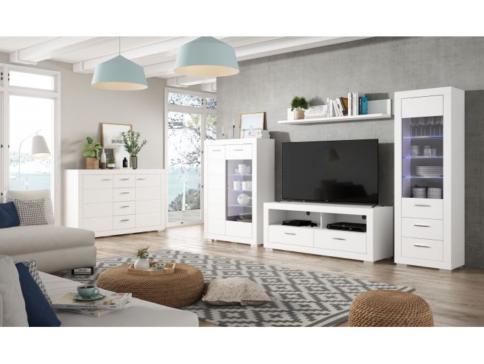 Composición salón módulo tv, cómoda, vitrina alta y baja. Color blanco mate.  merkamueble