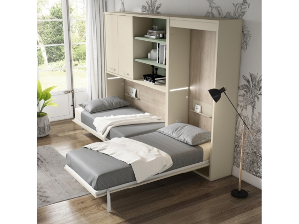 Composición juvenil con camas abatibles vertical-horizontal con estantes, puertas y escritorios abatibles color nord-nude-bam...