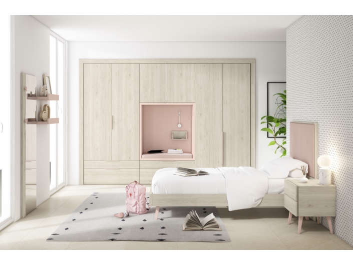 Composición juvenil con cama, mesita, espejo y frente de armarios color sand-rosa  merkamueble