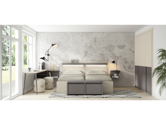 Composición juvenil con cama doble con cajones, escritorio con estantes y descalzador color sand-vulcano  merkamueble