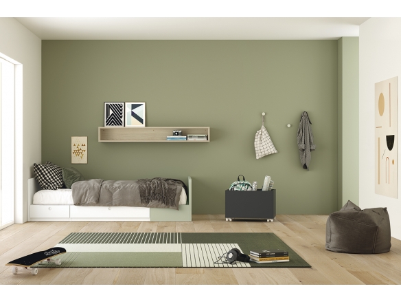 Composición juvenil con cama convertible infantil con escritorio, estanterías casita y árbol color blanco-verde soft-nordic  ...