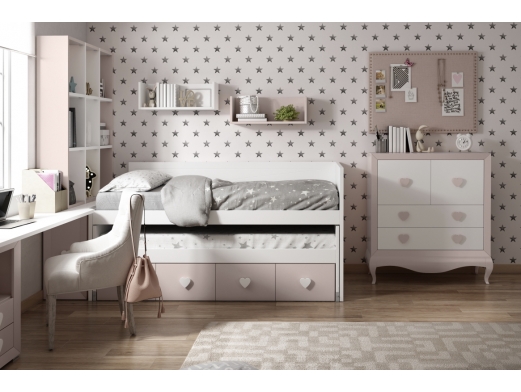 Composición juvenil armario, estantería, compacto y mesa estudio color  blanco soft-avellana Merkamueble