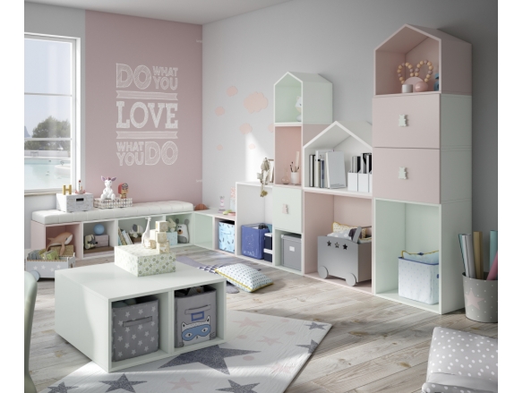 Composición juvenil modular a pared combinados, escritorio y cómoda color blanco-rosa raquel-verde nube  merkamueble