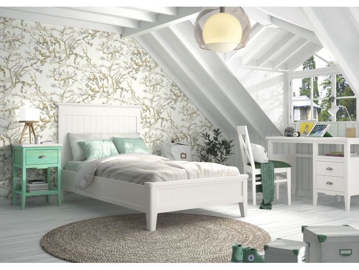 Composición juvenil con cama, mesita y mesa estudio color blanco decapé-verde agua  merkamueble