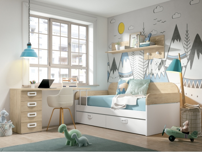 Composición juvenil cama con cajones, escritorio, cajonera y estantes color sahara-blanco mate  merkamueble