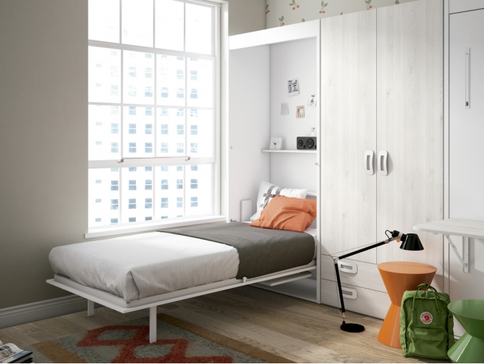 Composición juvenil con camas abatibles verticales y armario color