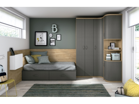 Composición dormitorio cama 2 cajones, armario de rincón y secreter color roble-grafito tx y blanco tx  merkamueble