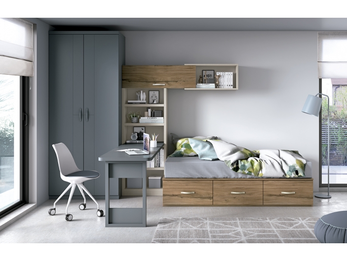 Composición juvenil cama con cajones, estantería,escritorio y armario color siena-nácar tx-plomo  merkamueble