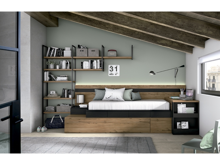 Composición juvenil cama nido con cajones, estantería y arcón mesa extraíble color siena-azabache  merkamueble
