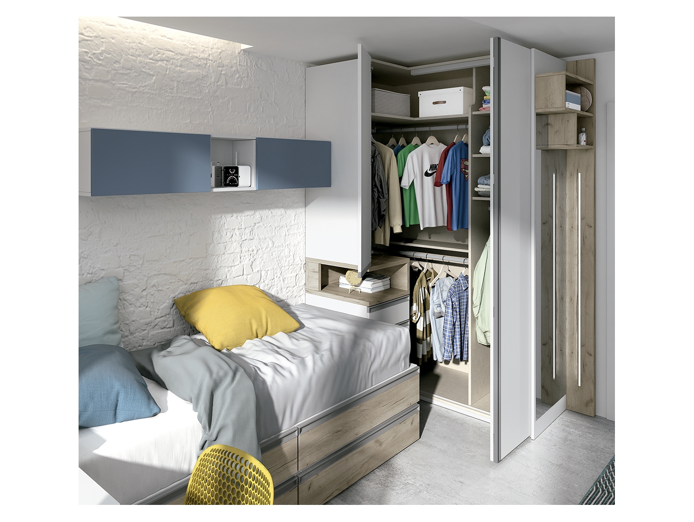 Composición dormitorio armario rincón, comoda y espejo Merkamueble