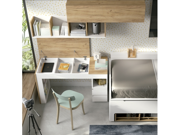 Composición juvenil armario, estantería, compacto y mesa estudio color blanco soft-avellana  merkamueble
