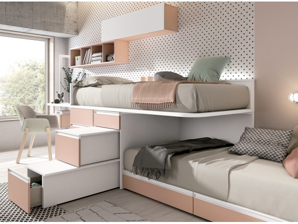 Composición juvenil compacto con mesa extraíble, mesa estudio, estantes y armario color blanco soft-rosa talco  merkamueble