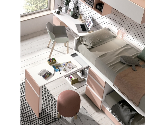 Composición juvenil compacto con mesa extraíble, mesa estudio, estantes y armario color blanco soft-rosa talco  merkamueble