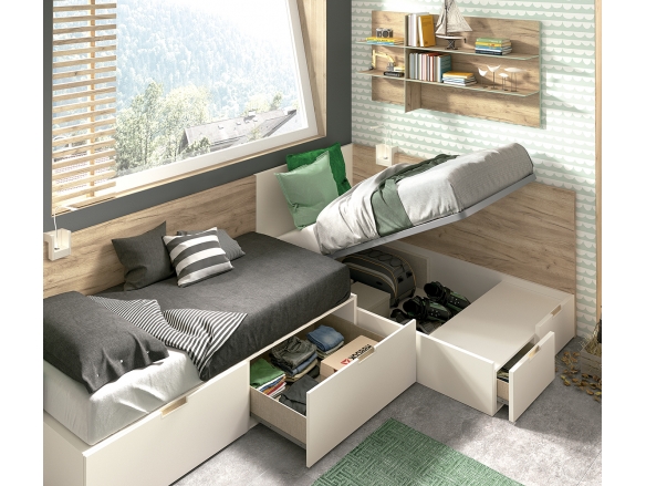 Composición juvenil armario,cama con cajones y cama abatible con cajones color liso go-avellana-verde talco  merkamueble