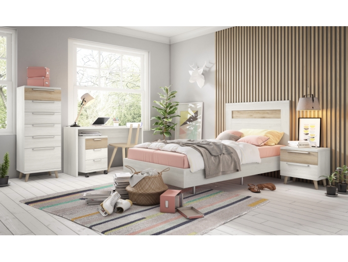 Dormitorio juvenil con cama, mesita, escritorio con cajonera y armario color polar-roble natural  merkamueble