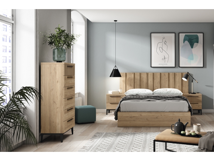 Composición dormitorio cama, mesitas y sinfonier color naturale-rayado  merkamueble