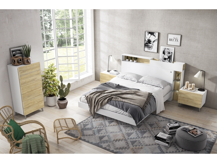 Composición dormitorio cama, mesitas y sinfonier color blanco-sable  merkamueble