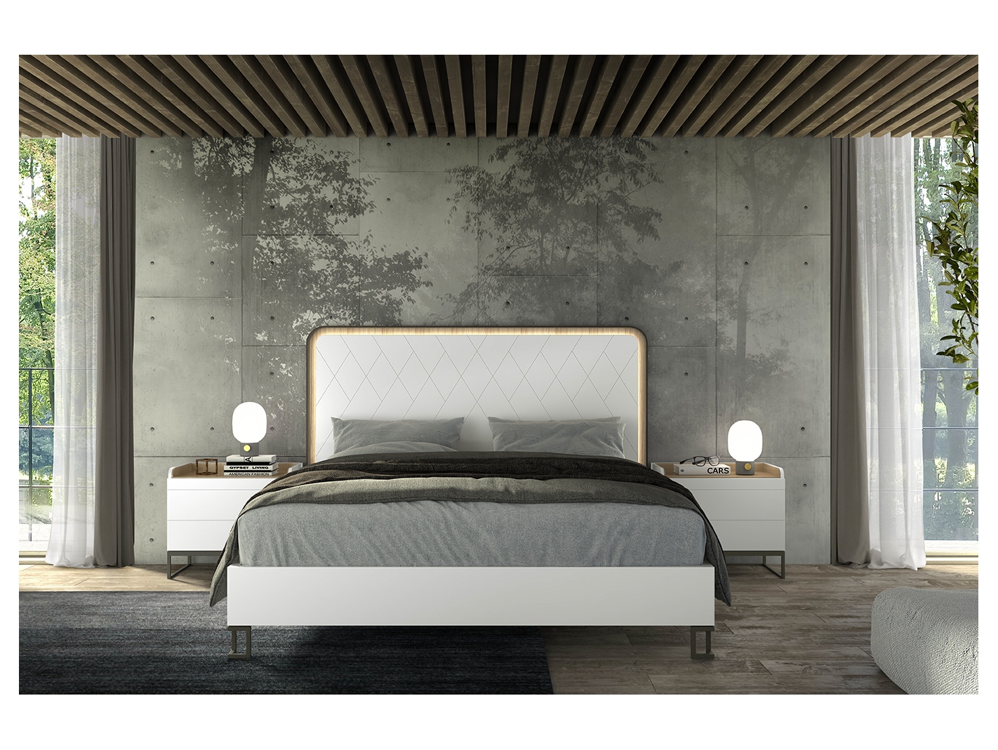 hermosa Rafflesia Arnoldi Orgulloso Composición dormitorio cama, mesitas color lacado blanco y roble  blanqueado. Merkamueble
