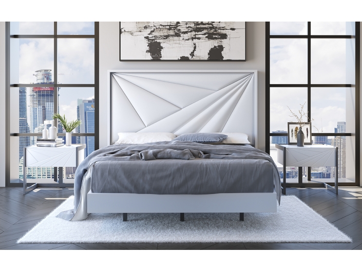 Composición dormitorio cama y mesitas color lacado blanco  merkamueble