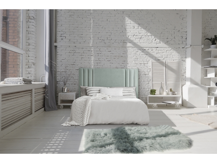 Composición dormitorio cabecero tapizado rayas verticales color lido 16  merkamueble