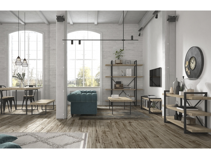 Composición de salón estilo industrial con estanterías, mesa de centro, mesa de comedor y sillas color roble nordish-negro  m...