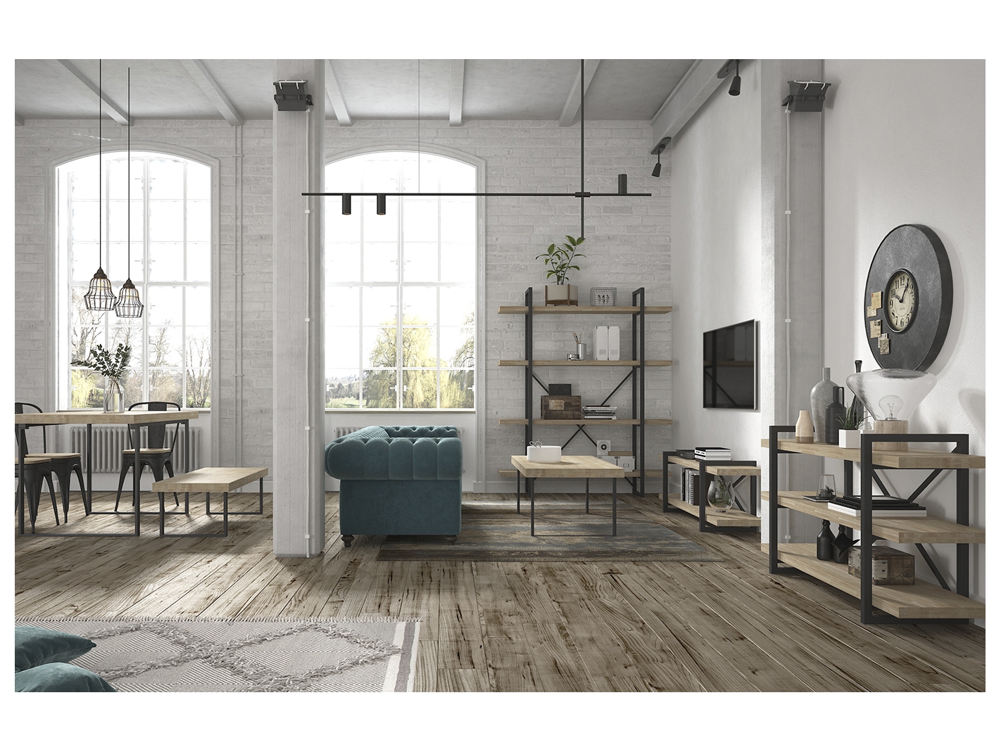Mueble auxiliar para el salón de estilo industrial en madera natural