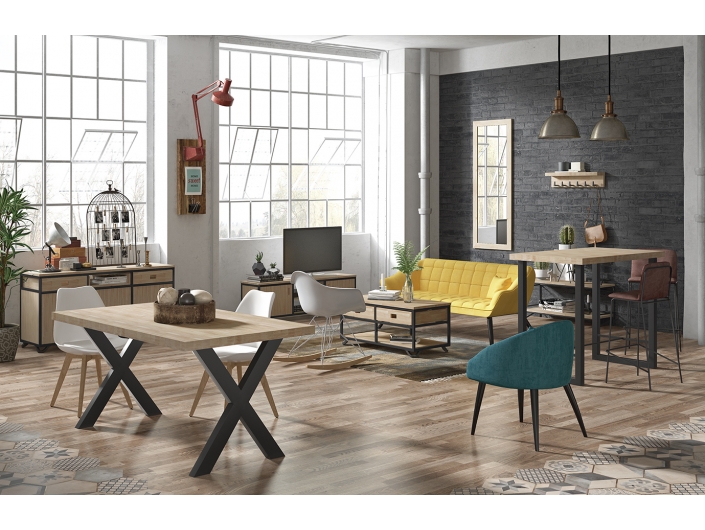 Composición de salón estilo industrial con mesas, aparador, módulo tv y sillas color roble nordish-metal negro  merkamueble