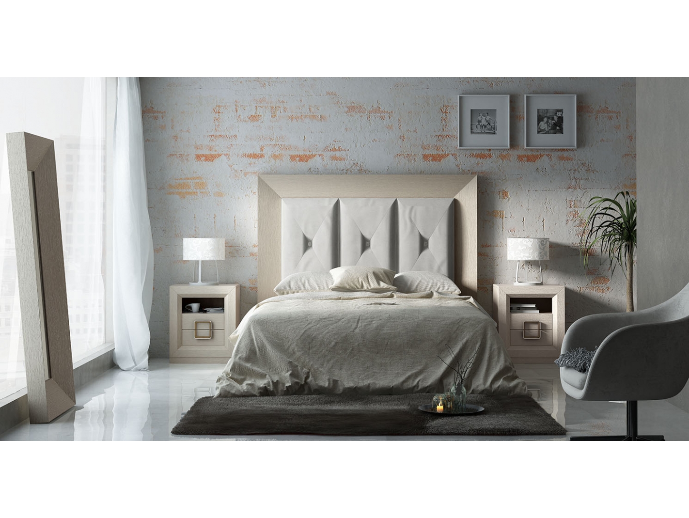 Composición dormitorio cabecero, mesitas y espejo color roble 909-rebeca 15  Merkamueble
