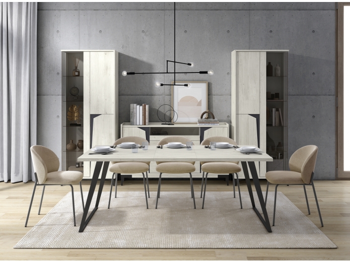 Composición salón con vitrinas, aparador y mesa comedor extensible color roble nórdico-antracita  merkamueble