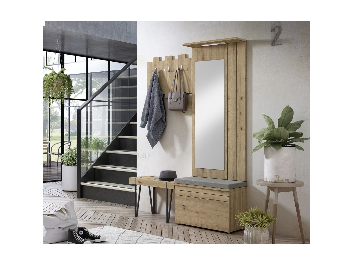 Composición modular de entrada con perchero, panel con espejo, banqueta y  asiento color roble a Merkamueble