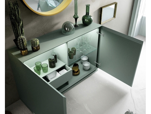 Conjunto aparador con espejo circular acabado laca mate 141 y efecto cemento 312  merkamueble 2