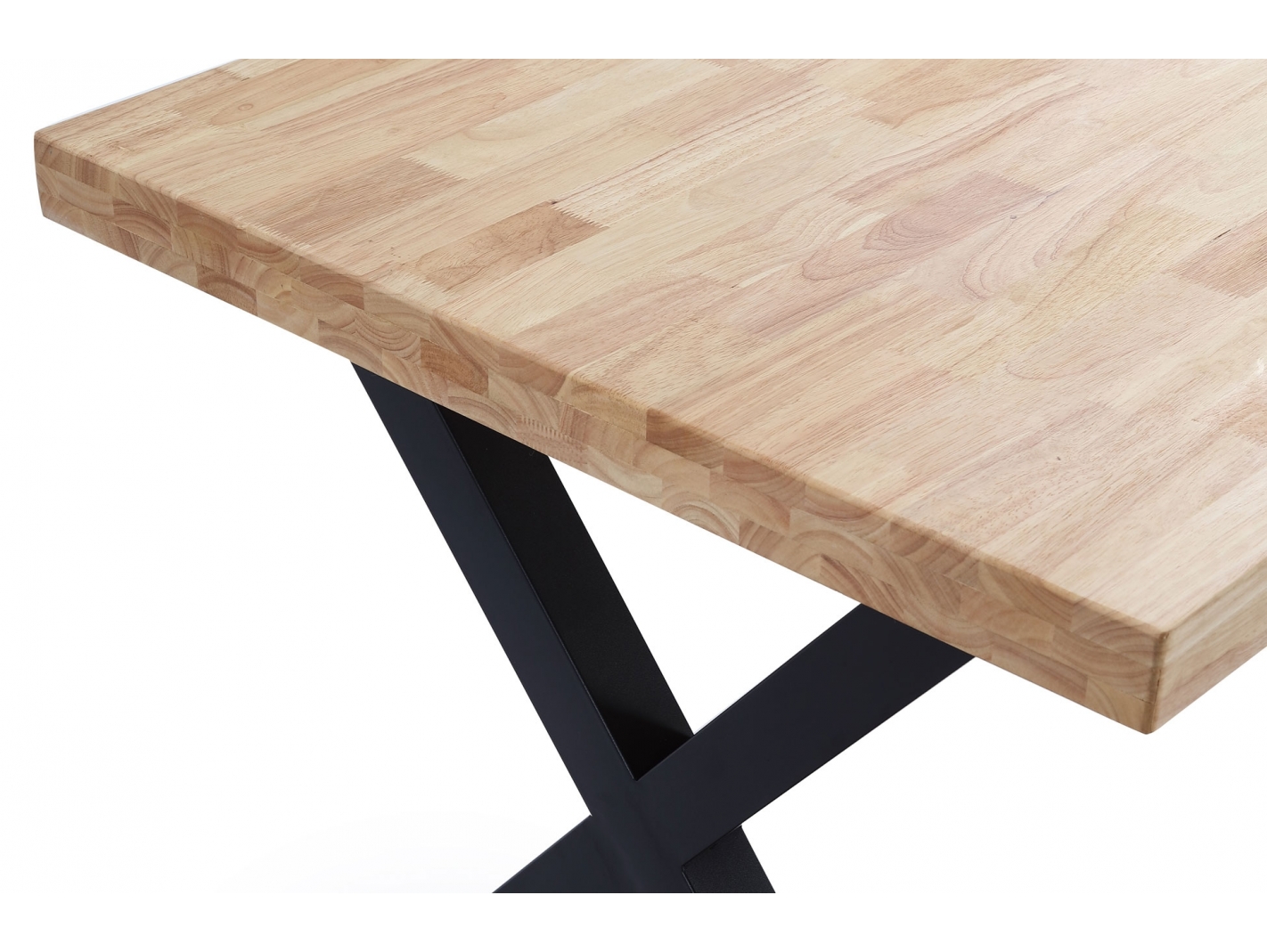 Mesa de comedor fija con tapa de madera de roble y patas metálicas negras  Merkamueble