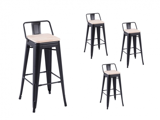 Pack 4 taburetes altos vintage de chapa de acero color negro y asiento de madera de roble  merkamueble