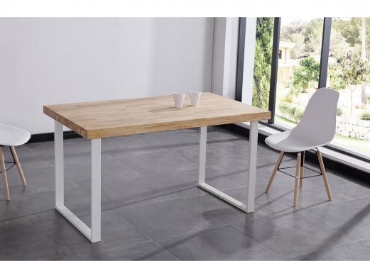 Mesa de comedor fija con tapa de madera color natural roble - blanco 140 cm  merkamueble