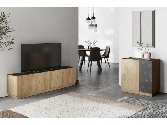 Mueble Tv con 4 puertas color madera mármol-negro  merkamueble