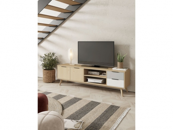 Mueble Tv con 2 puertas y 2 cajones color roble gris claro-blanco  merkamueble