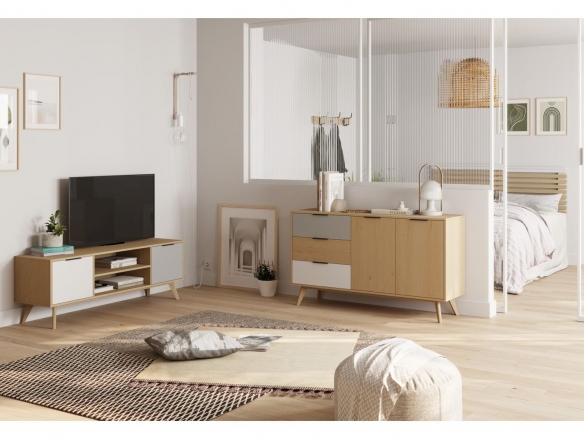 Mueble Tv con 2 puertas color roble-gris claro-blanco  merkamueble