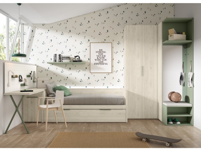 Composición juvenil con cama nido, escritorio con arcón zapatero y armario de rincón color sand-jazmín-bambú  merkamueble