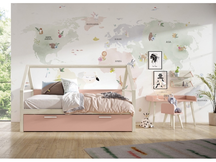 Composición kids con cama nido tipo casa, escritorio, silla y estantes color sand-flamingo  merkamueble