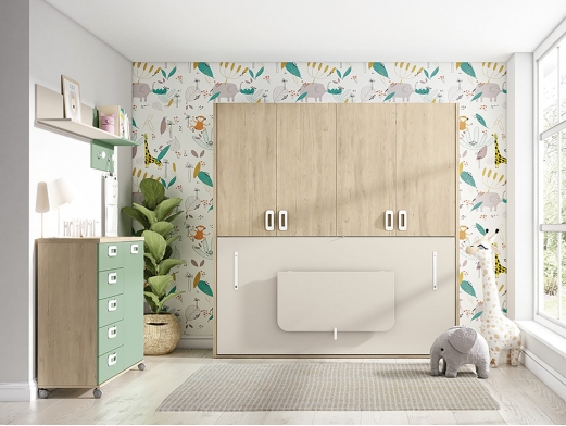 Composición juvenil con cama nido, escritorio y armario de rincón color  nórdico-jazmín-juice. Merkamueble