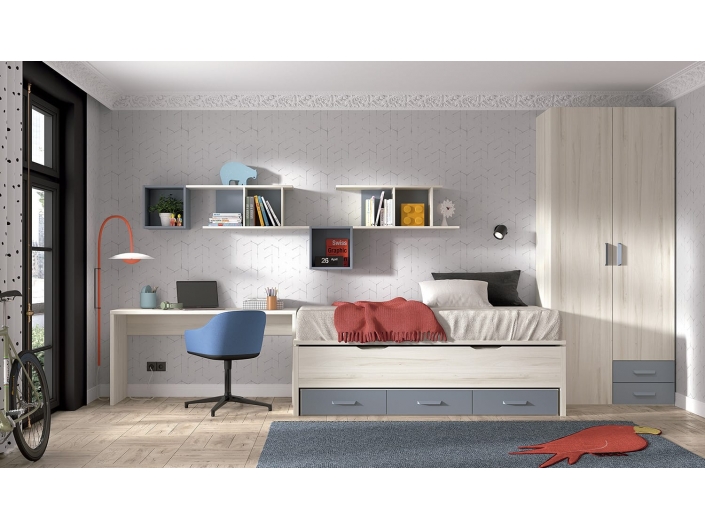Composición juvenil con compacto,escritorio, armario y estantes color quarzo-avio  merkamueble