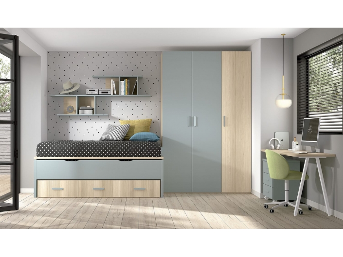Composición juvenil con compacto,estantes, armario y escritorio color ambar-ocean-lank  merkamueble