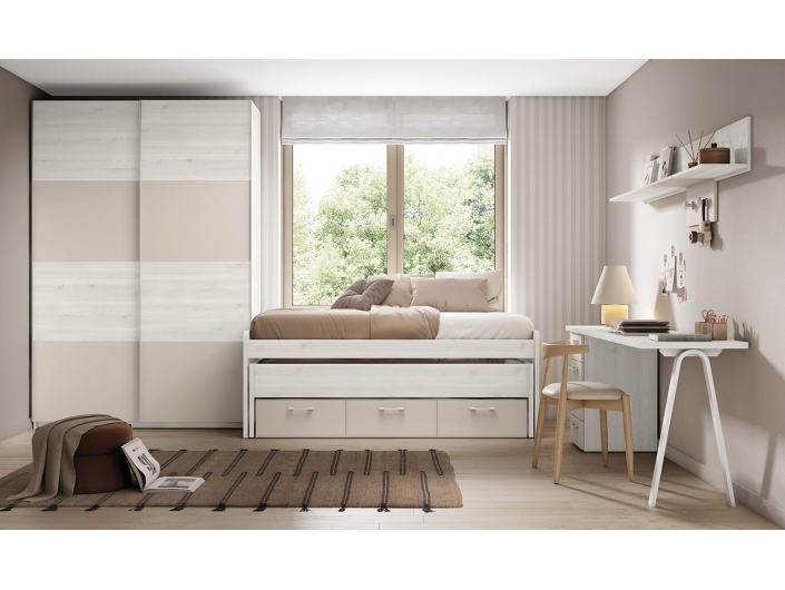 Composición juvenil compacto, armario, estantes y escritorio con cajones color blanco nordic-gris coco  merkamueble