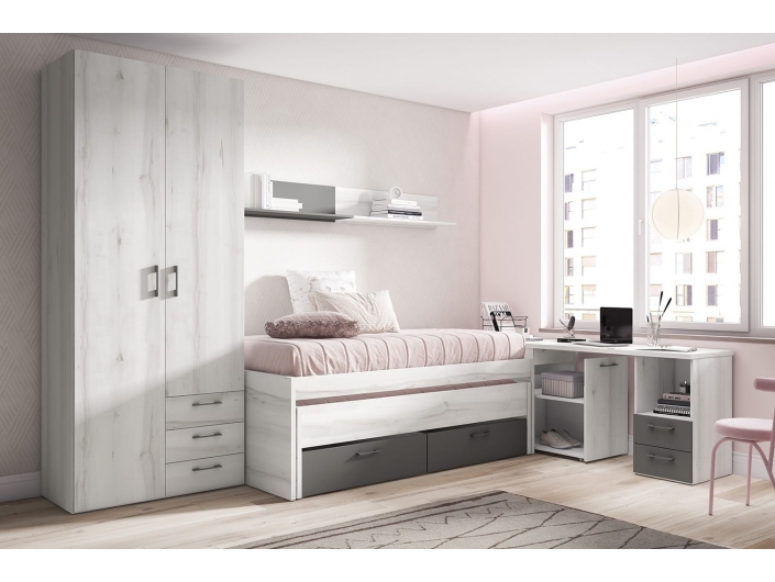 Composición juvenil compacto con 2 cajones, estantes, armario y escritorio con arcón color albo-gris tormenta  merkamueble