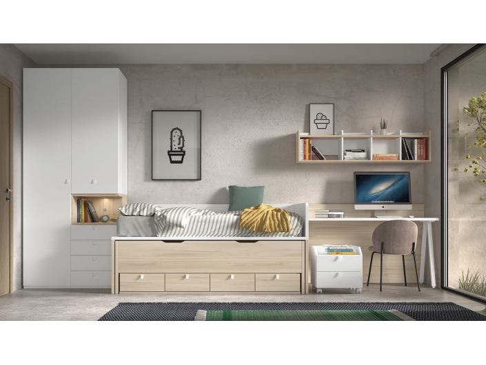 Composición juvenil con compacto,escritorio, armario y estantes color blanco-ambar  merkamueble