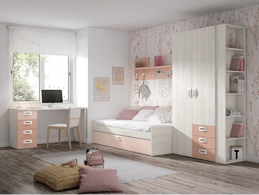 Dormitorio Juvenil con cama nido, armario, puente Librería, arcón y  escritorio