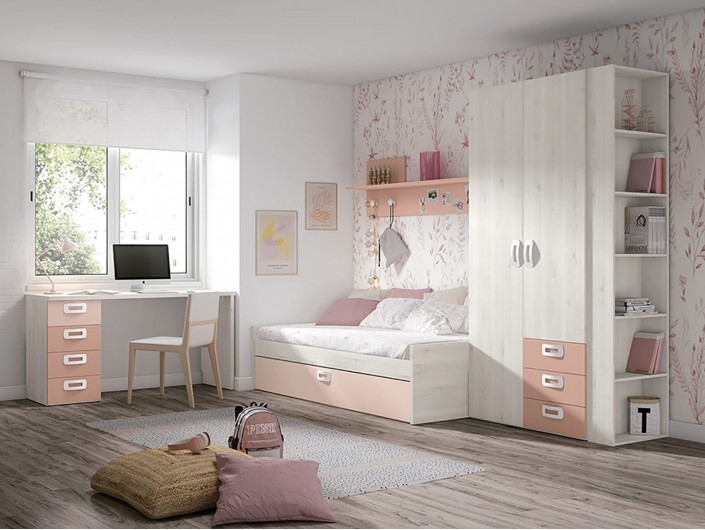 Composición juvenil cama nido, armario, estantes y escritorio con cajones color blanco nordic-rosa nube-rosa talco  merkamueble