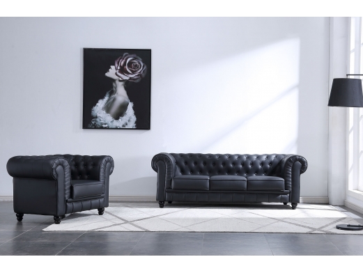 Sofá chesterfield 3 plazas símil piel negro  merkamueble 2